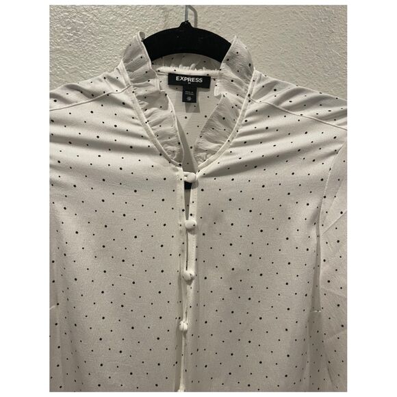 EXPRESS Slim Polka Dot Ruffle Neck Antique White Blouse - Picture 3 of 6